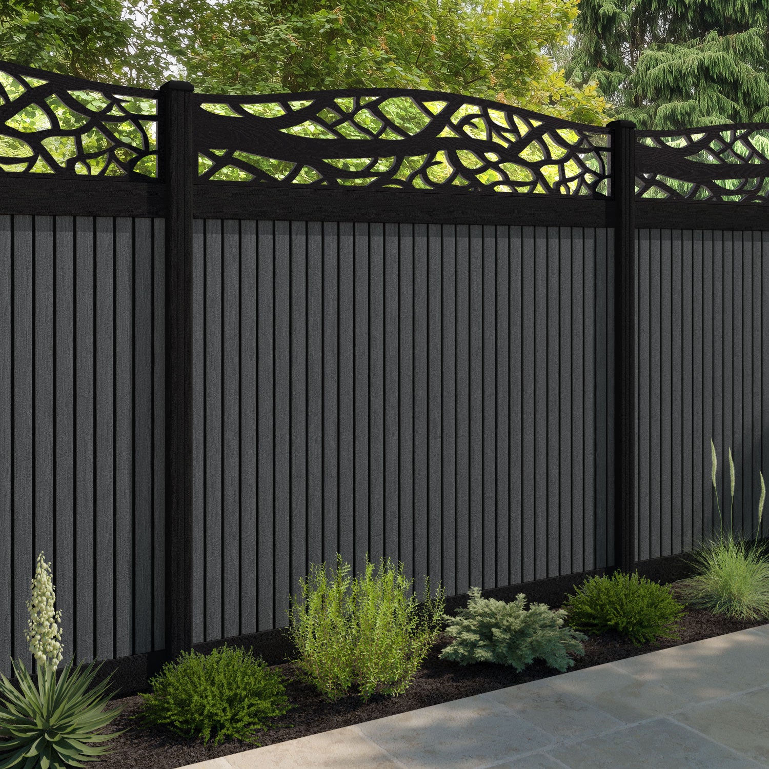 Virtis Twilight Curved Top Fence Panel - Dark Grey - with our composite posts
