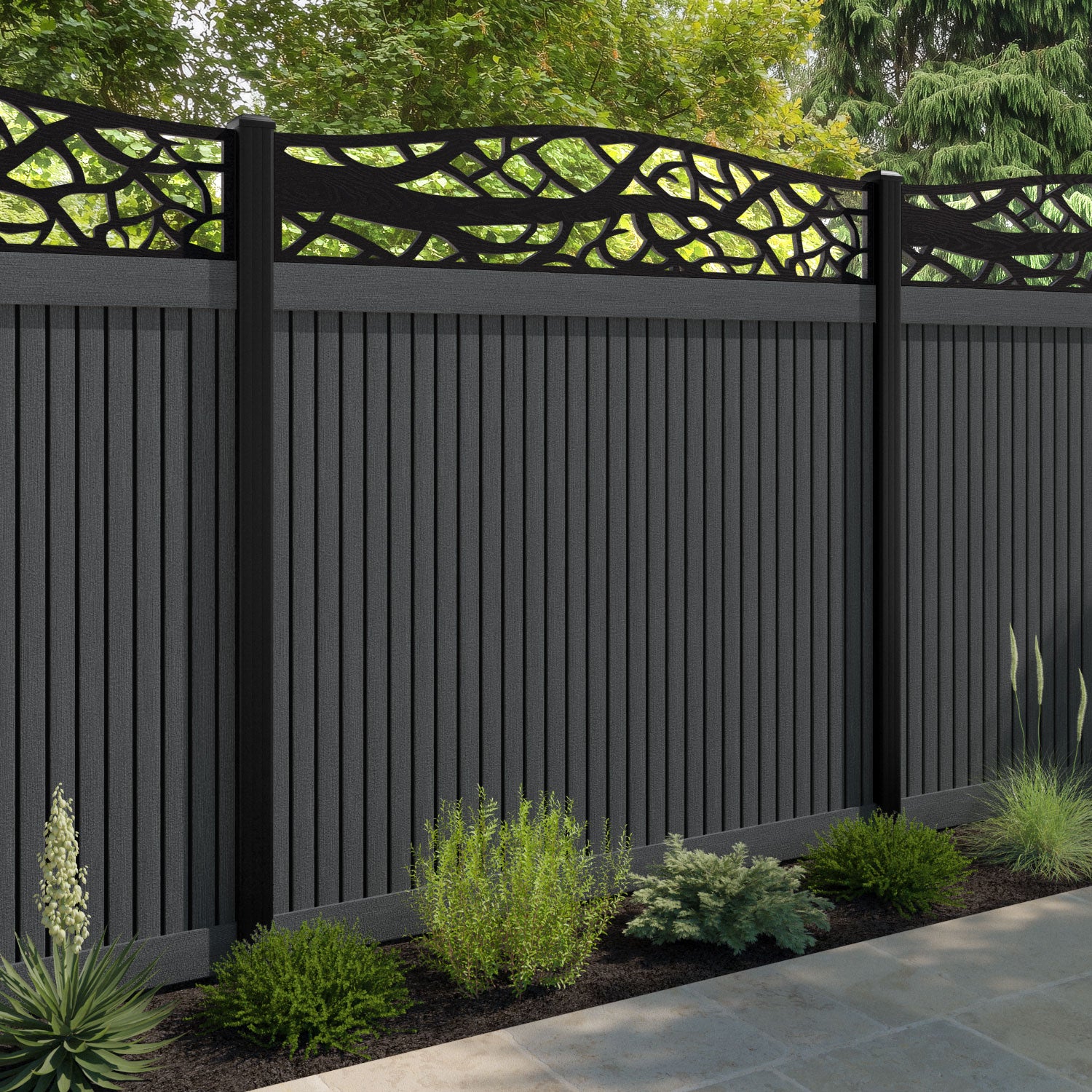 Virtis Twilight Curved Top Fence Panel - Dark Grey - with our composite posts