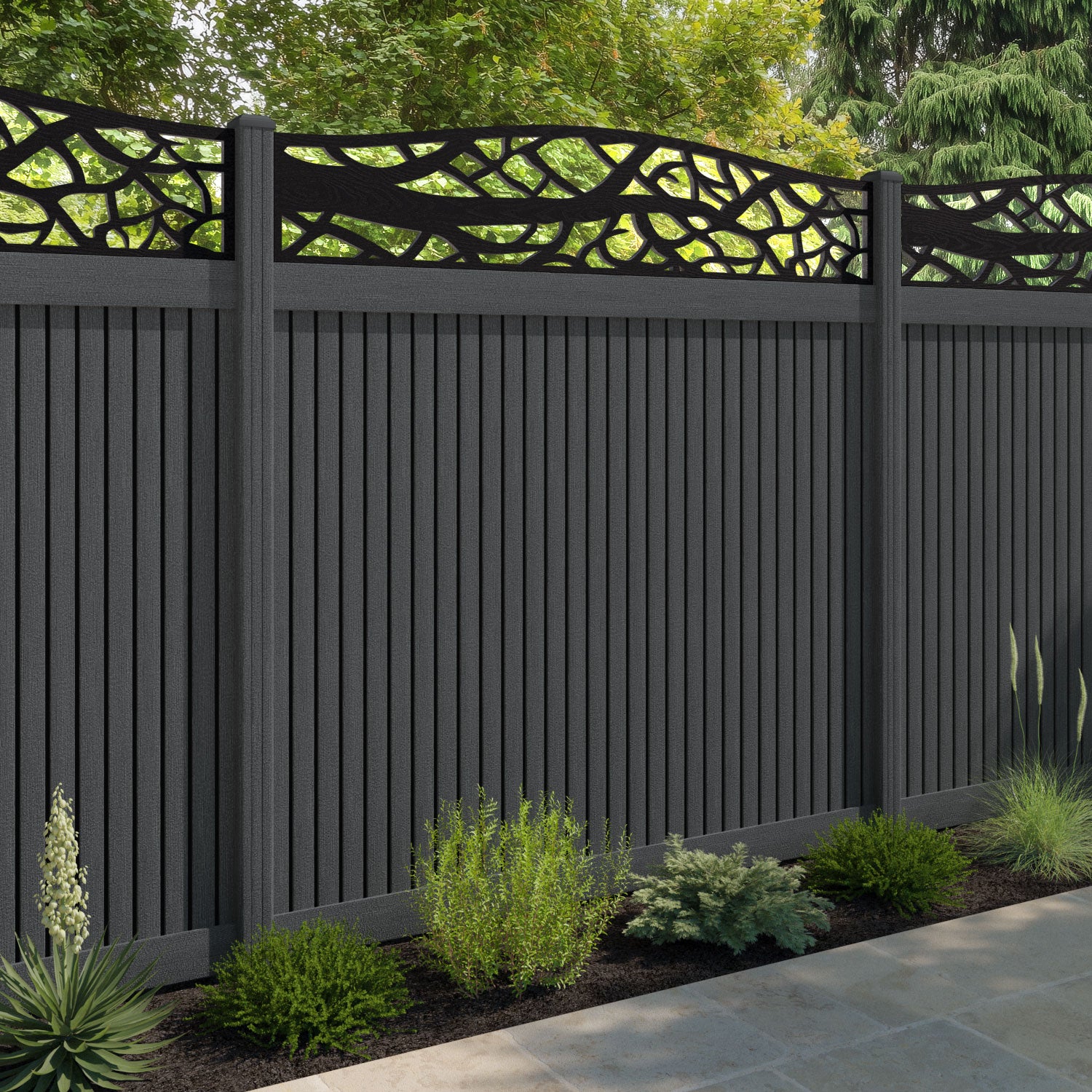 Virtis Twilight Curved Top Fence Panel - Dark Grey - with our composite posts