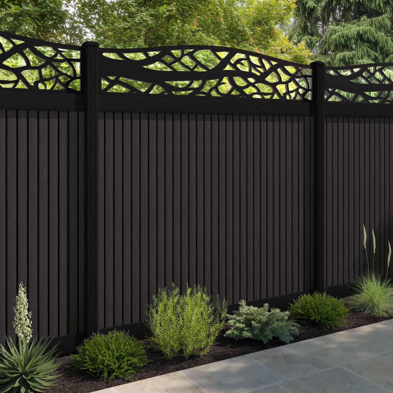 Virtis Twilight Curved Top Fence Panel - Dark Oak - with our aluminium posts