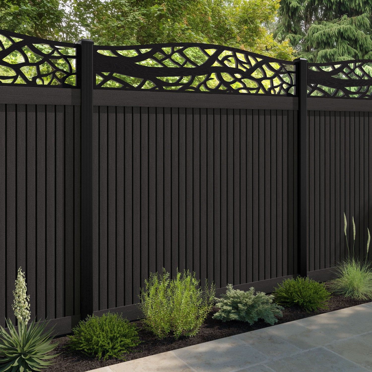 Virtis Twilight Curved Top Fence Panel - Dark Oak - with our aluminium posts