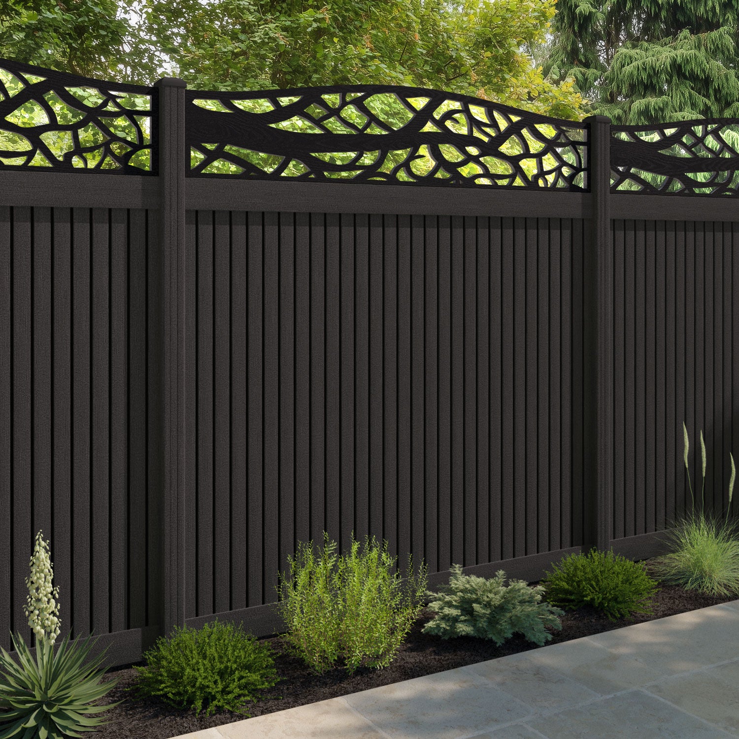 Virtis Twilight Curved Top Fence Panel - Dark Oak - with our composite posts