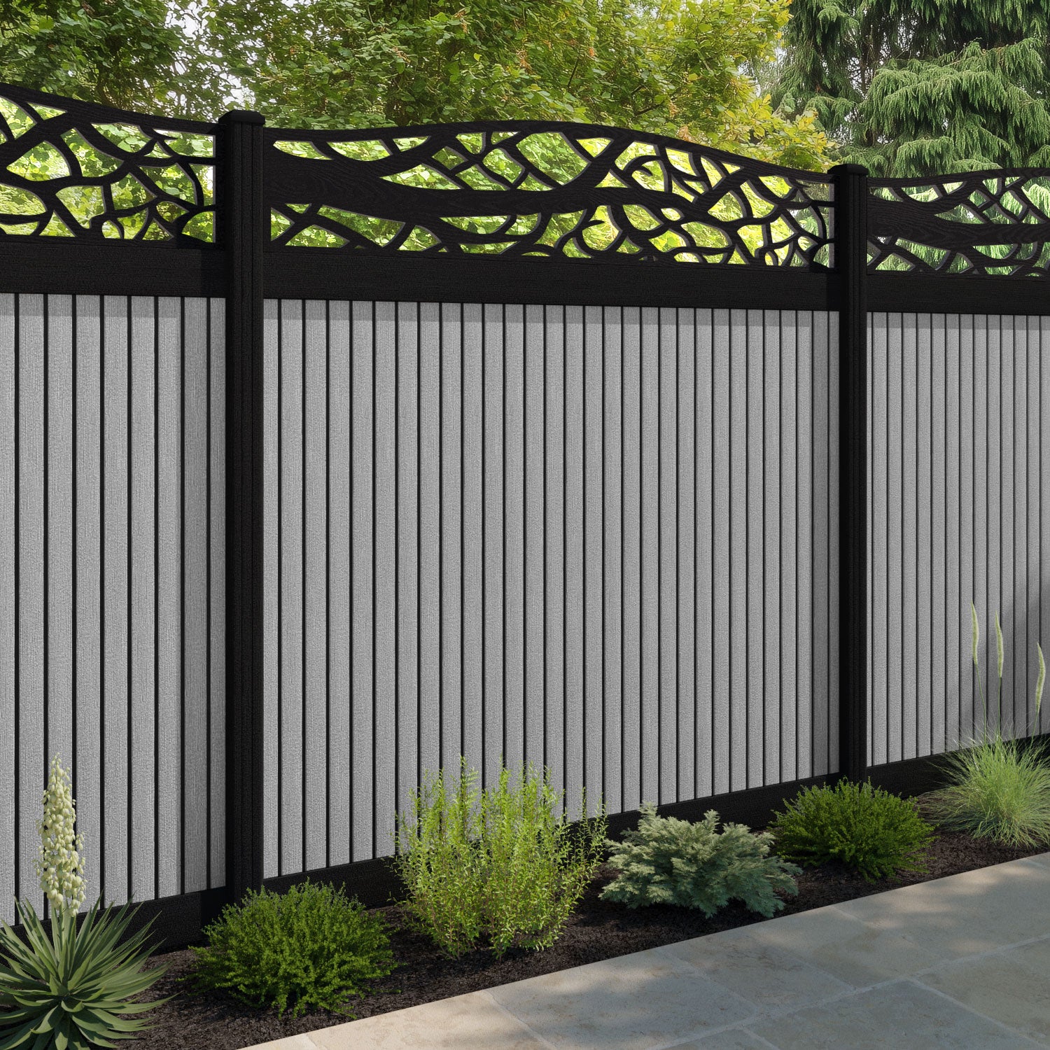 Virtis Twilight Curved Top Fence Panel - Light Grey - with our aluminium posts