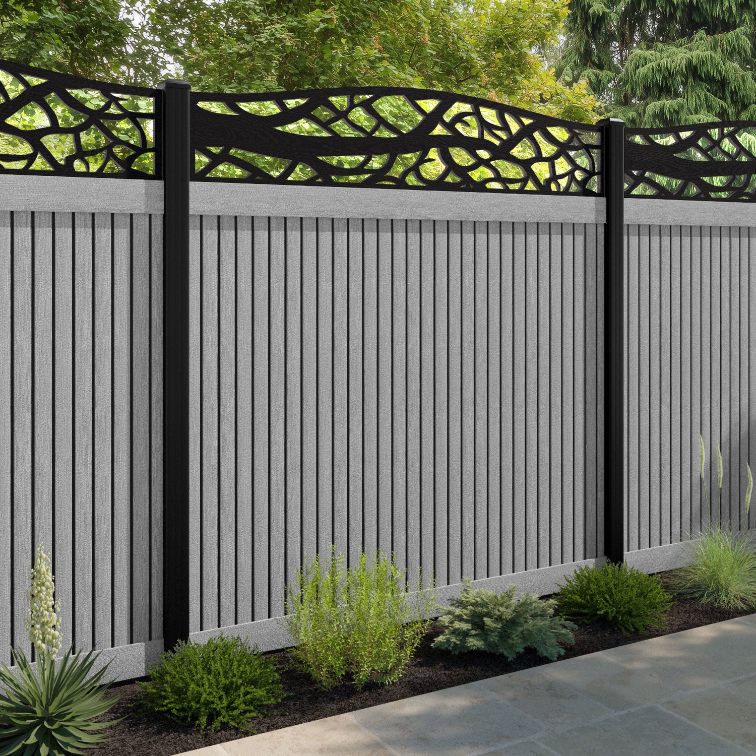 Virtis Twilight Curved Top Fence Panel - Light Grey - with our aluminium posts