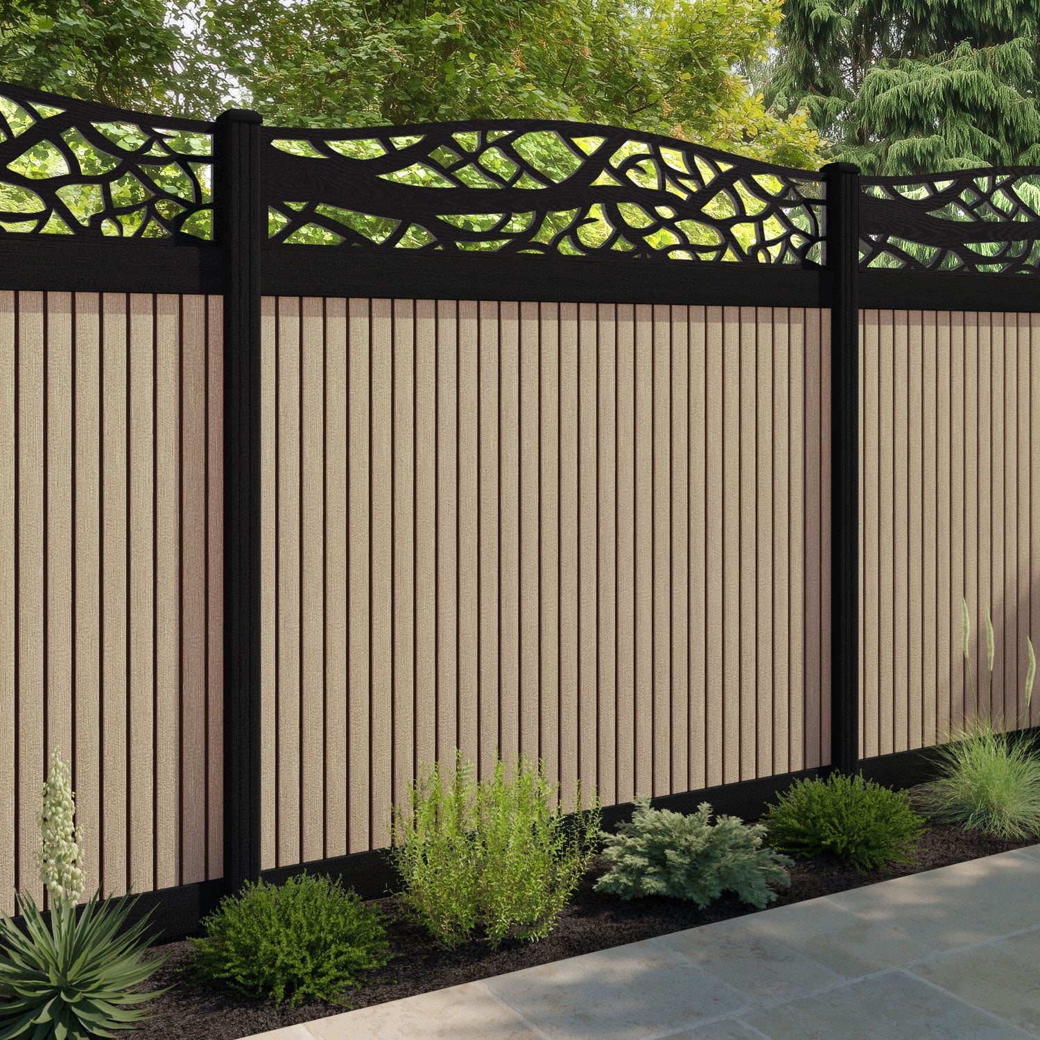 Virtis Twilight Curved Top Fence Panel - Light Oak - with our aluminium posts