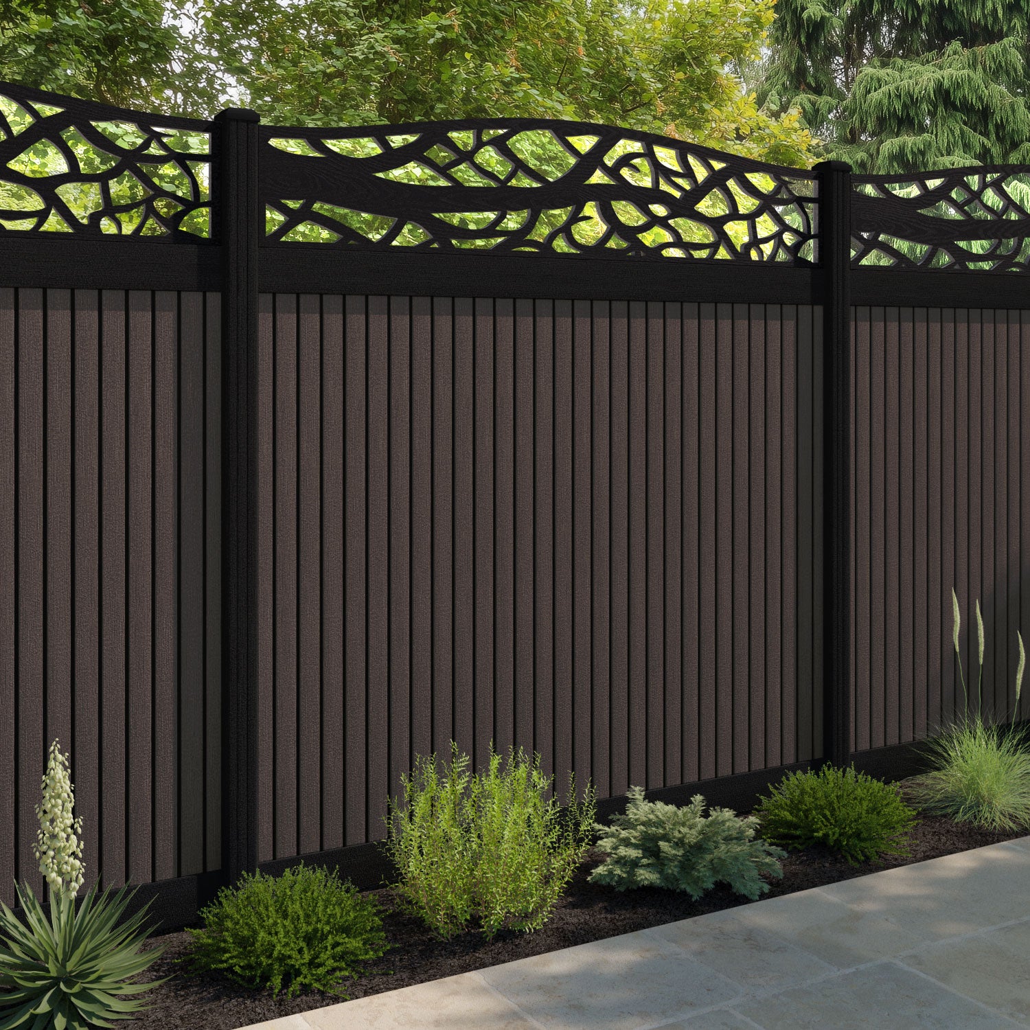 Virtis Twilight Curved Top Fence Panel - Mid Brown - with our composite posts