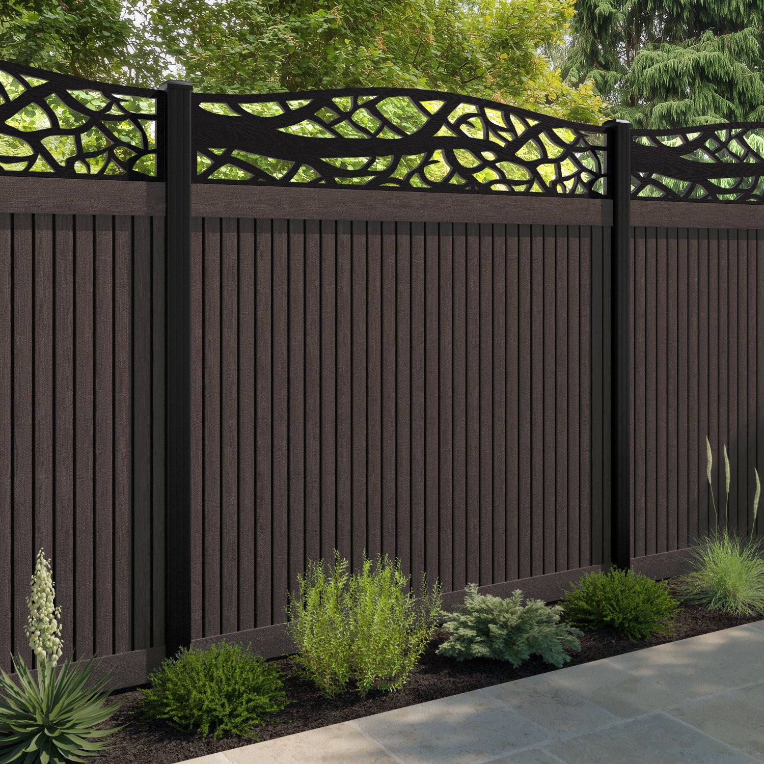 Virtis Twilight Curved Top Fence Panel - Mid Brown - with our composite posts
