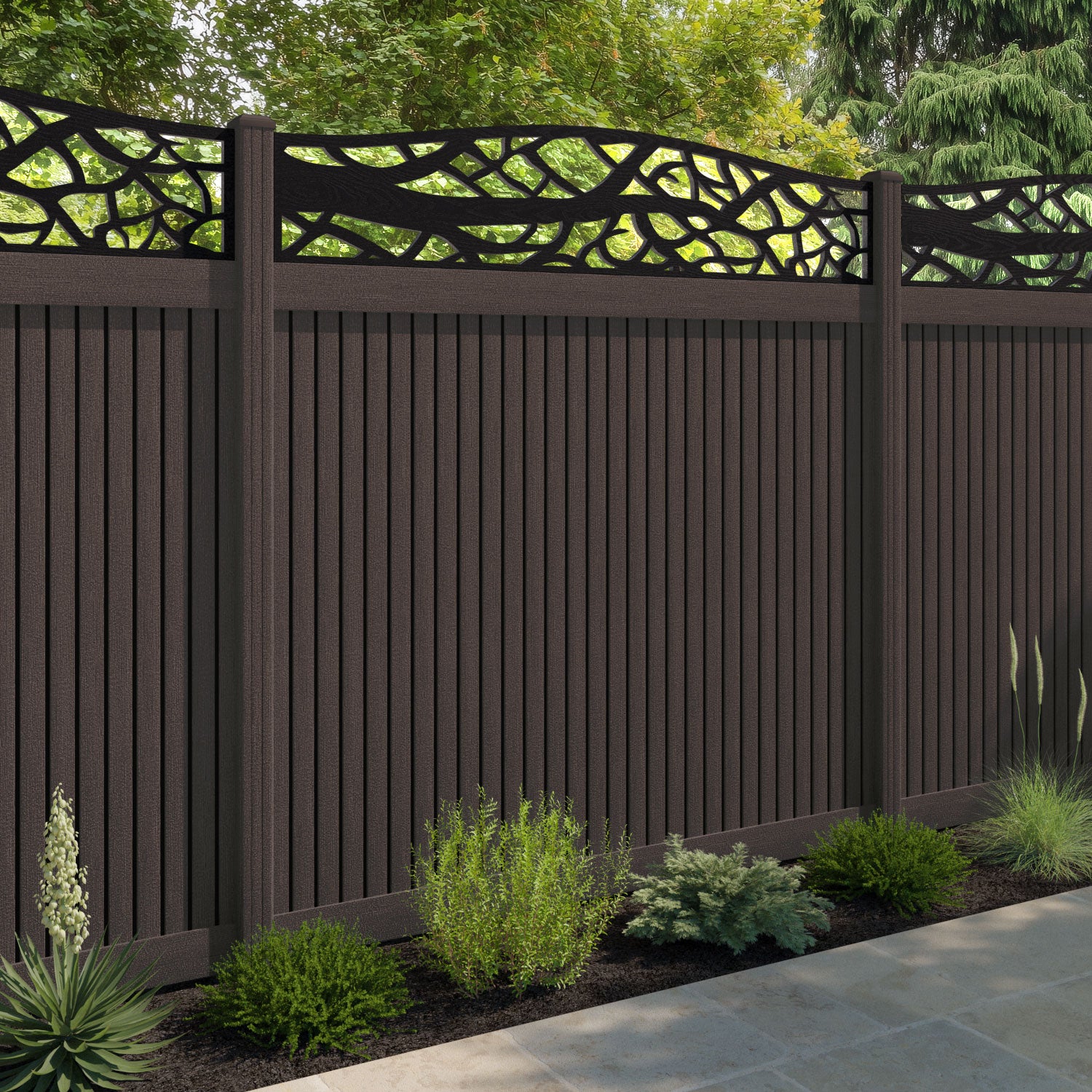 Virtis Twilight Curved Top Fence Panel - Mid Brown - with our composite posts