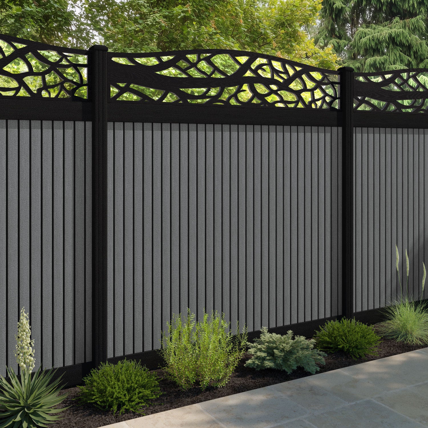 Virtis Twilight Curved Top Fence Panel - Mid Grey - with our composite posts