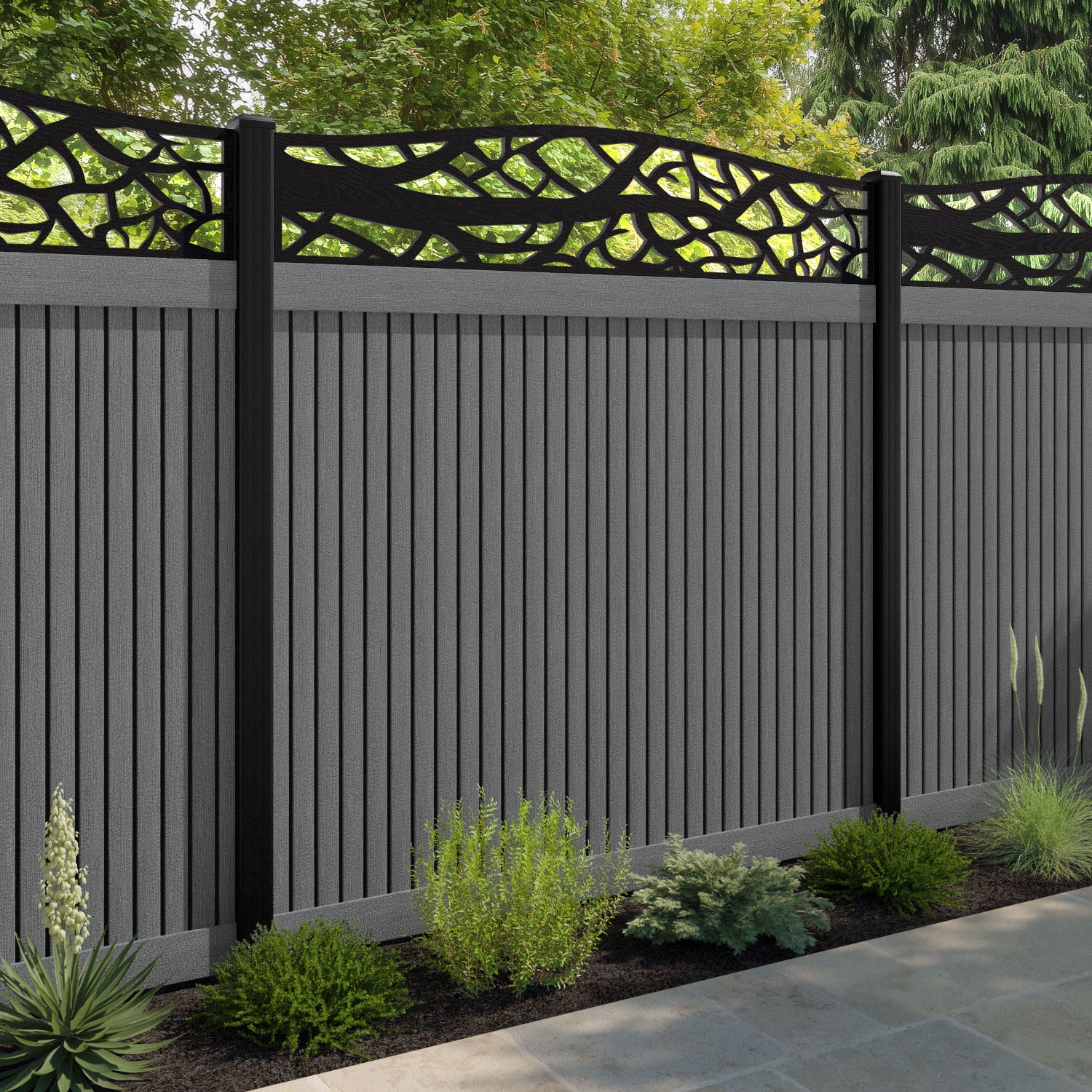 Virtis Twilight Curved Top Fence Panel - Mid Grey - with our aluminium posts