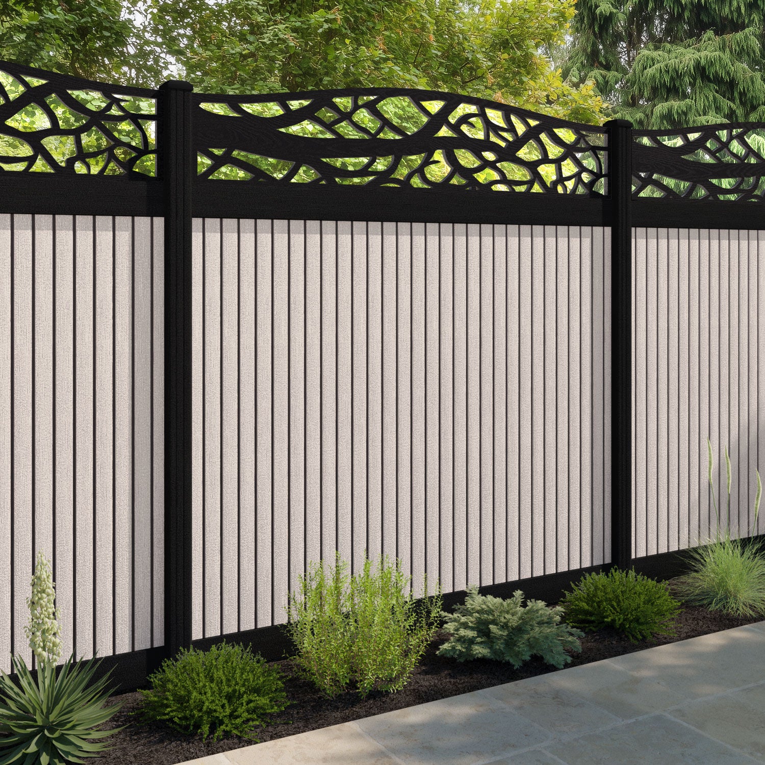Virtis Twilight Curved Top Fence Panel - Mid Stone - with our composite posts