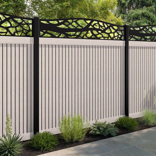 Virtis Twilight Curved Top Fence Panel - Mid Stone - with our aluminium posts