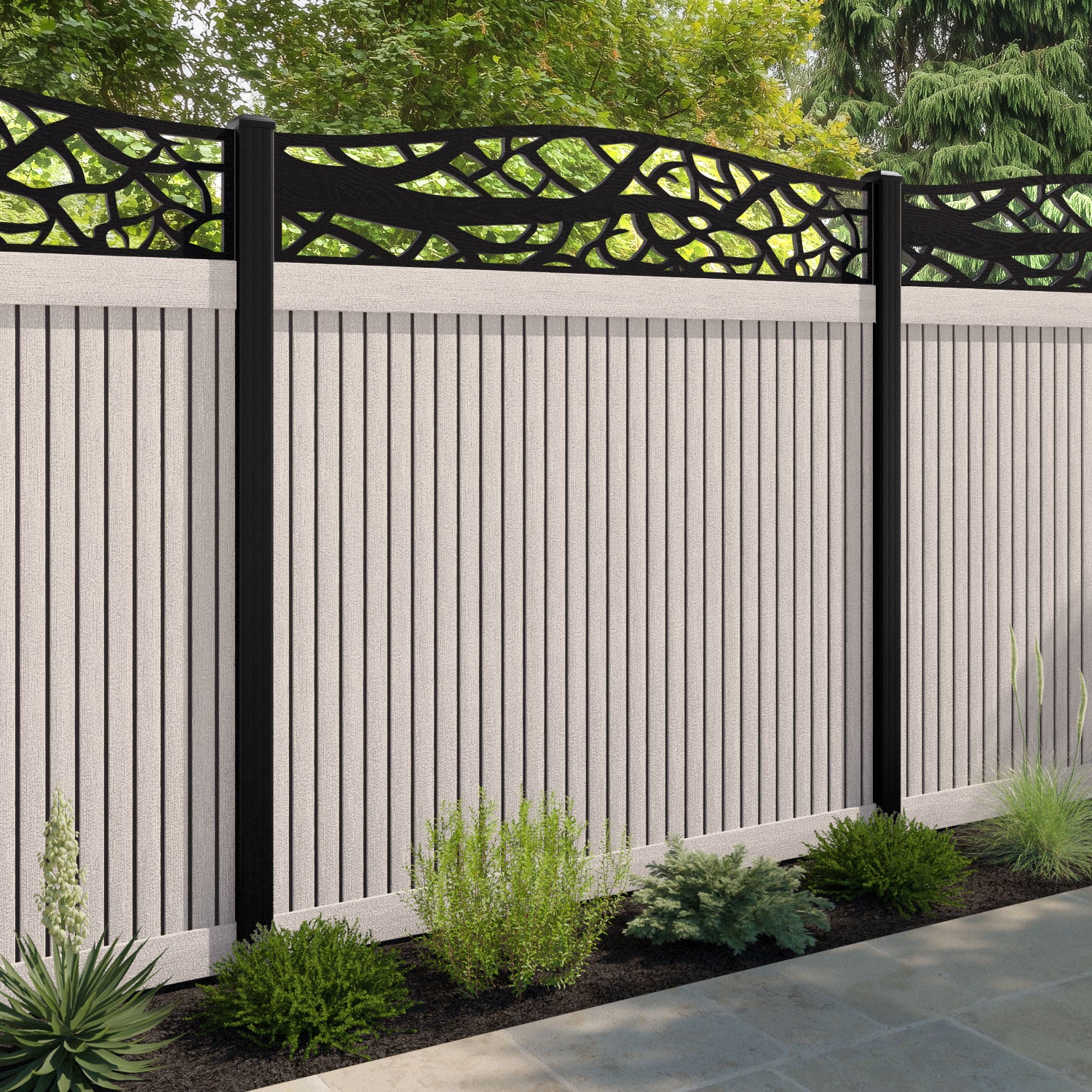 Virtis Twilight Curved Top Fence Panel - Mid Stone - with our composite posts