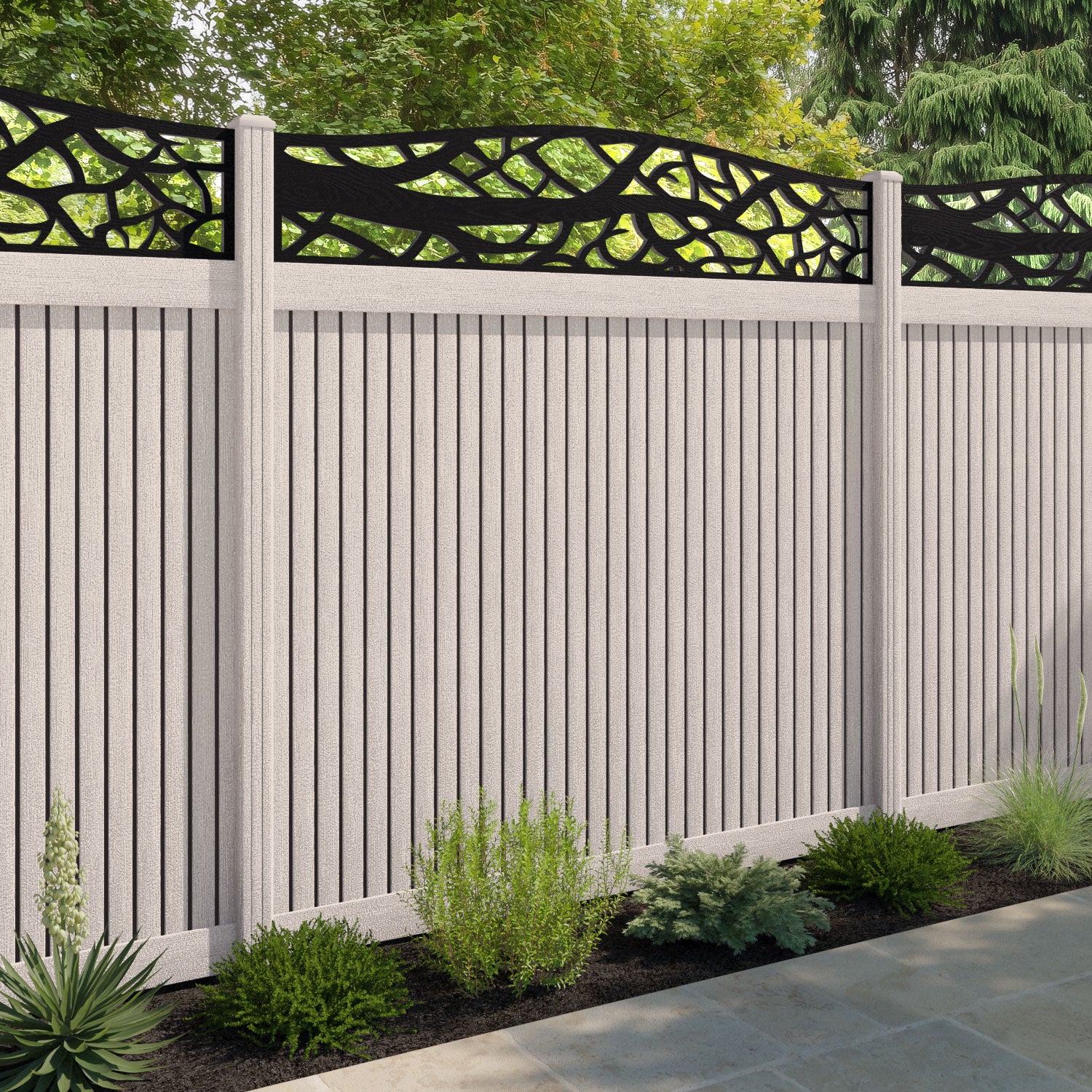 Virtis Twilight Curved Top Fence Panel - Mid Stone - with our composite posts