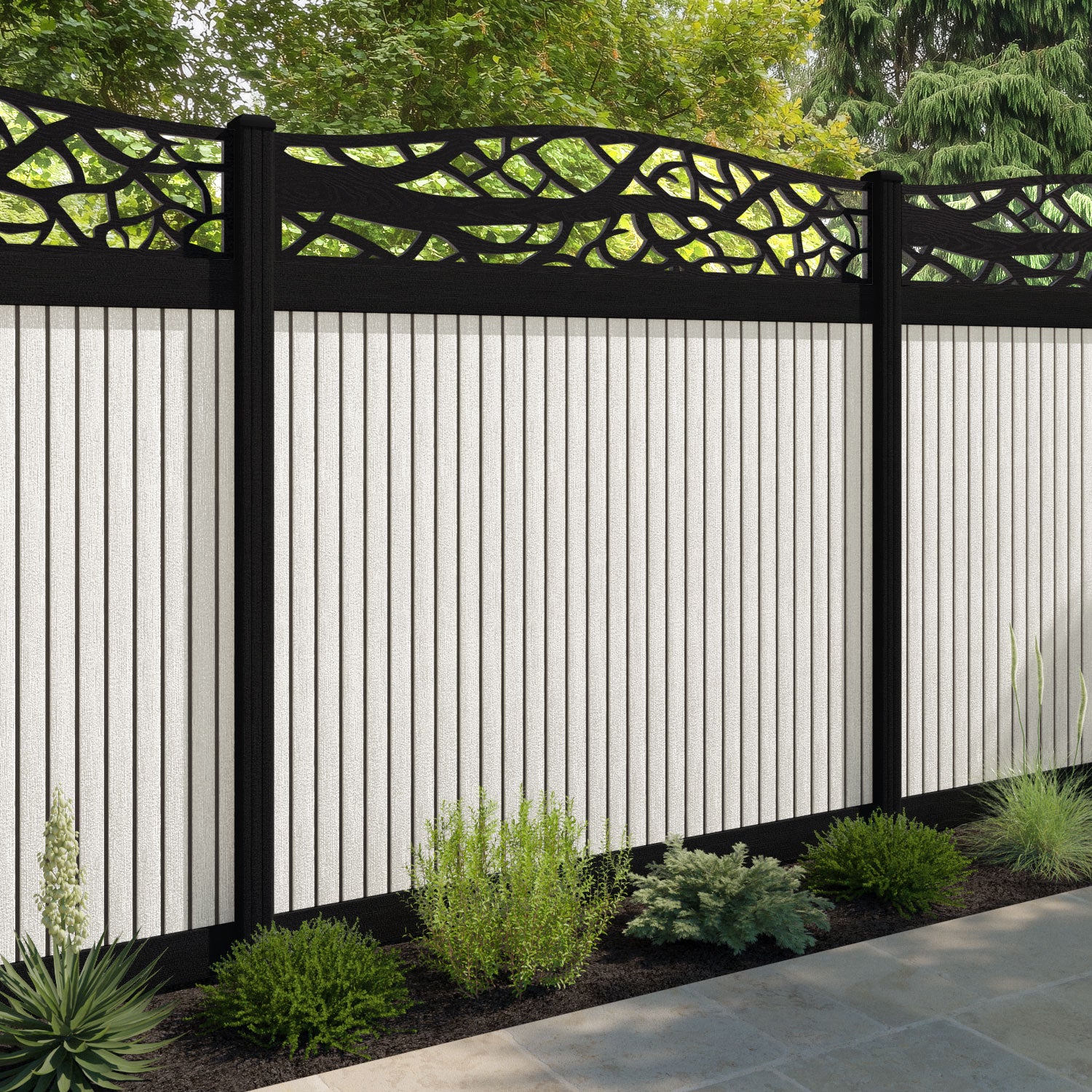 Virtis Twilight Curved Top Fence Panel - Light Stone - with our composite posts
