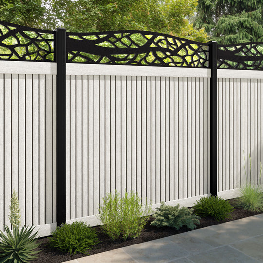 Virtis Twilight Curved Top Fence Panel - Light Stone - with our aluminium posts