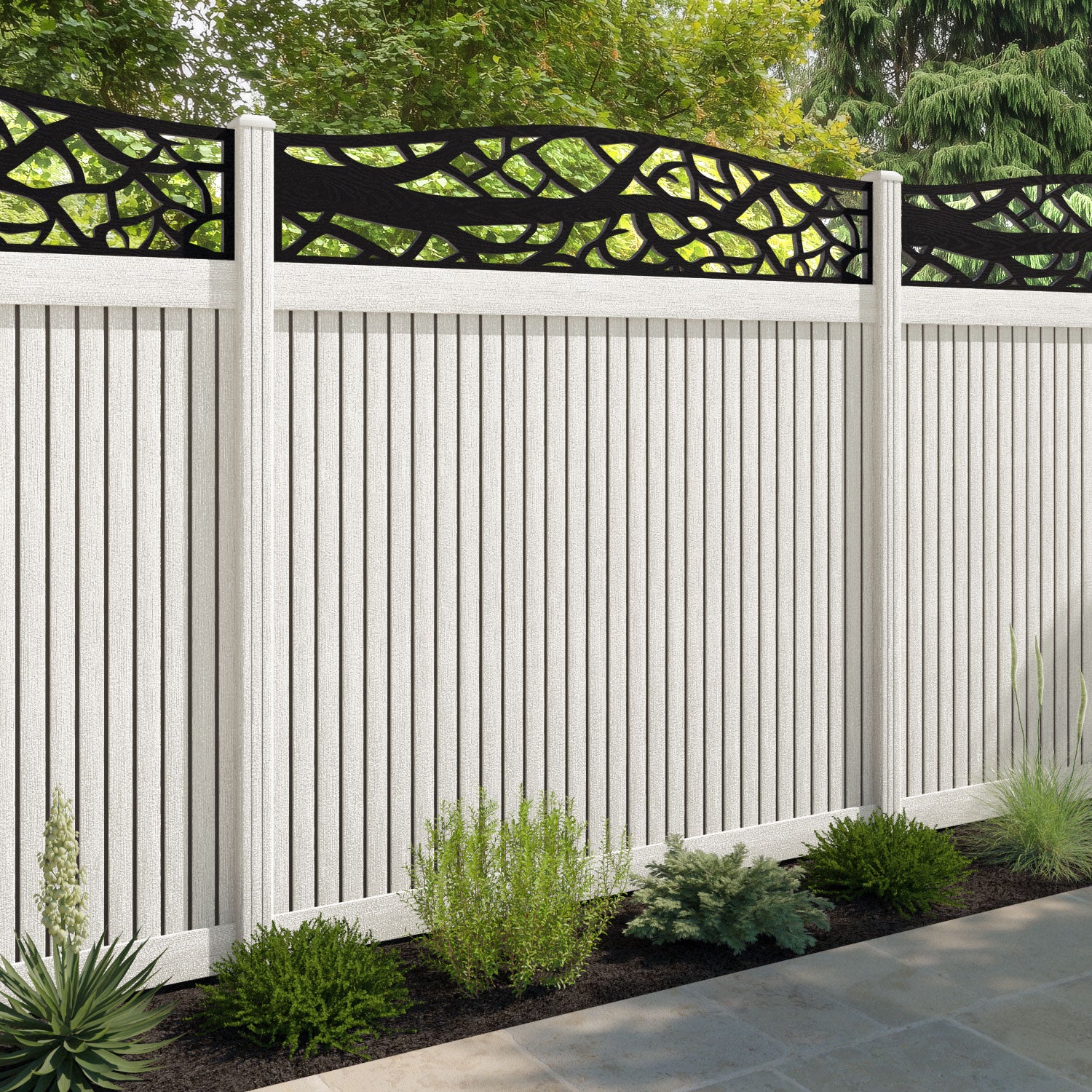 Virtis Twilight Curved Top Fence Panel - Light Stone - with our composite posts