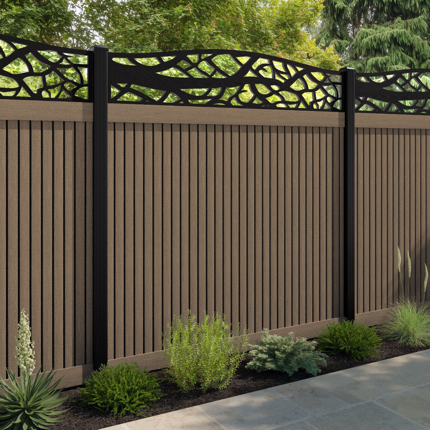 Virtis Twilight Curved Top Fence Panel - Teak - with our aluminium posts