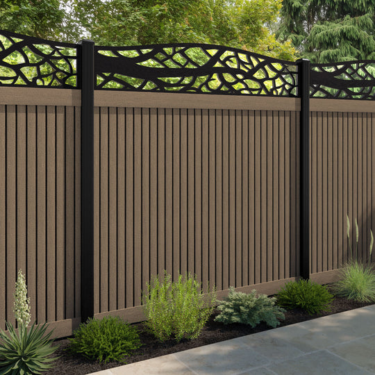 Virtis Twilight Curved Top Fence Panel - Teak - with our aluminium posts