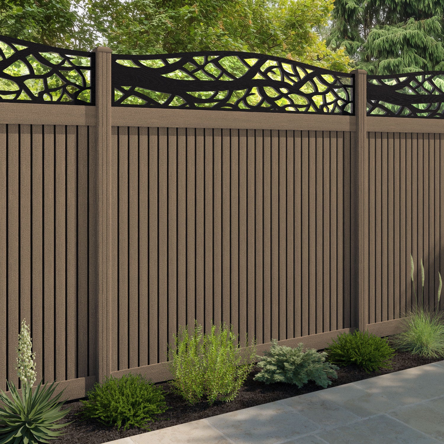 Virtis Twilight Curved Top Fence Panel - Teak - with our composite posts