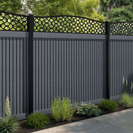 Virtis Vida Curved Top Fence Panel - Anthracite - with our aluminium posts