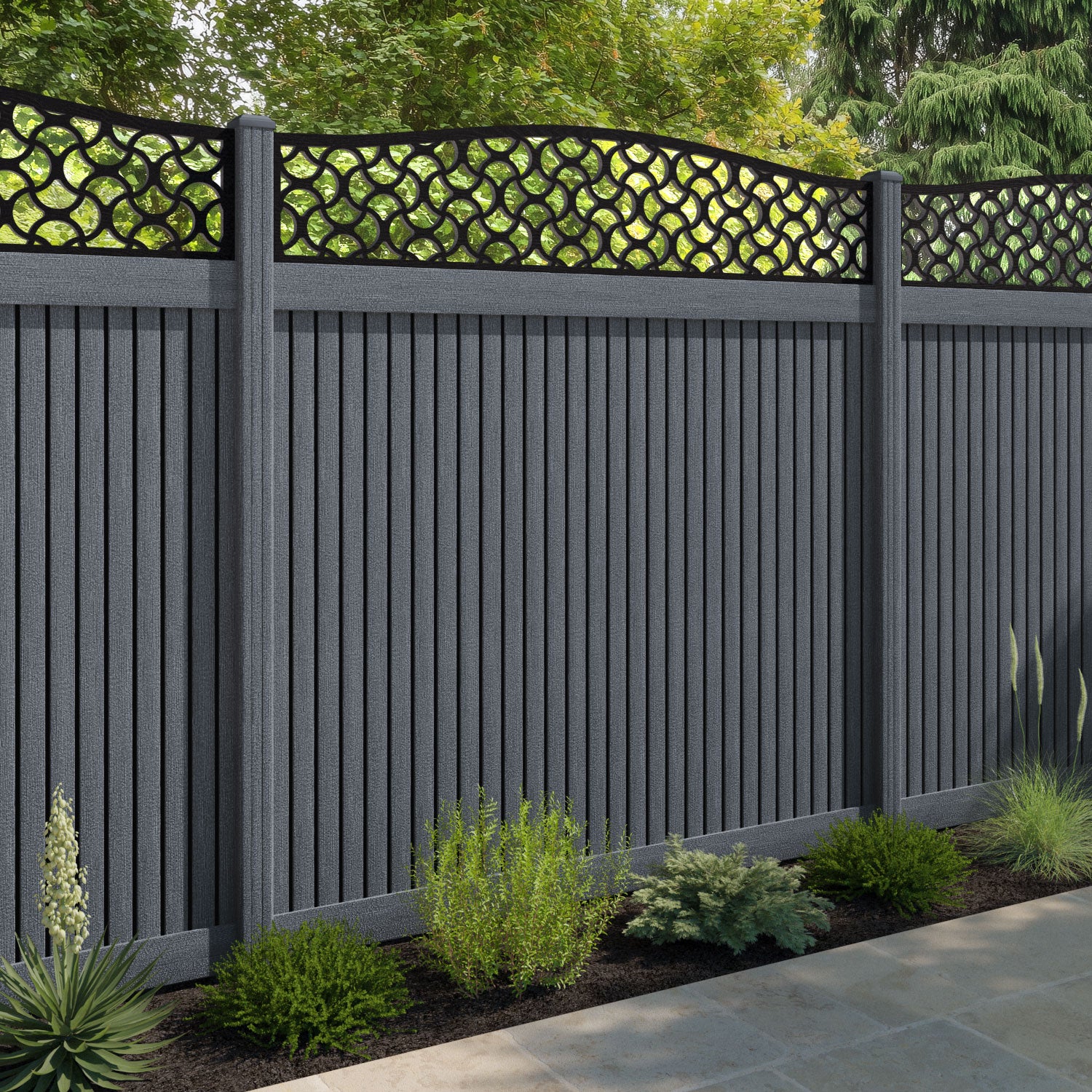 Virtis Vida Curved Top Fence Panel - Anthracite - with our composite posts