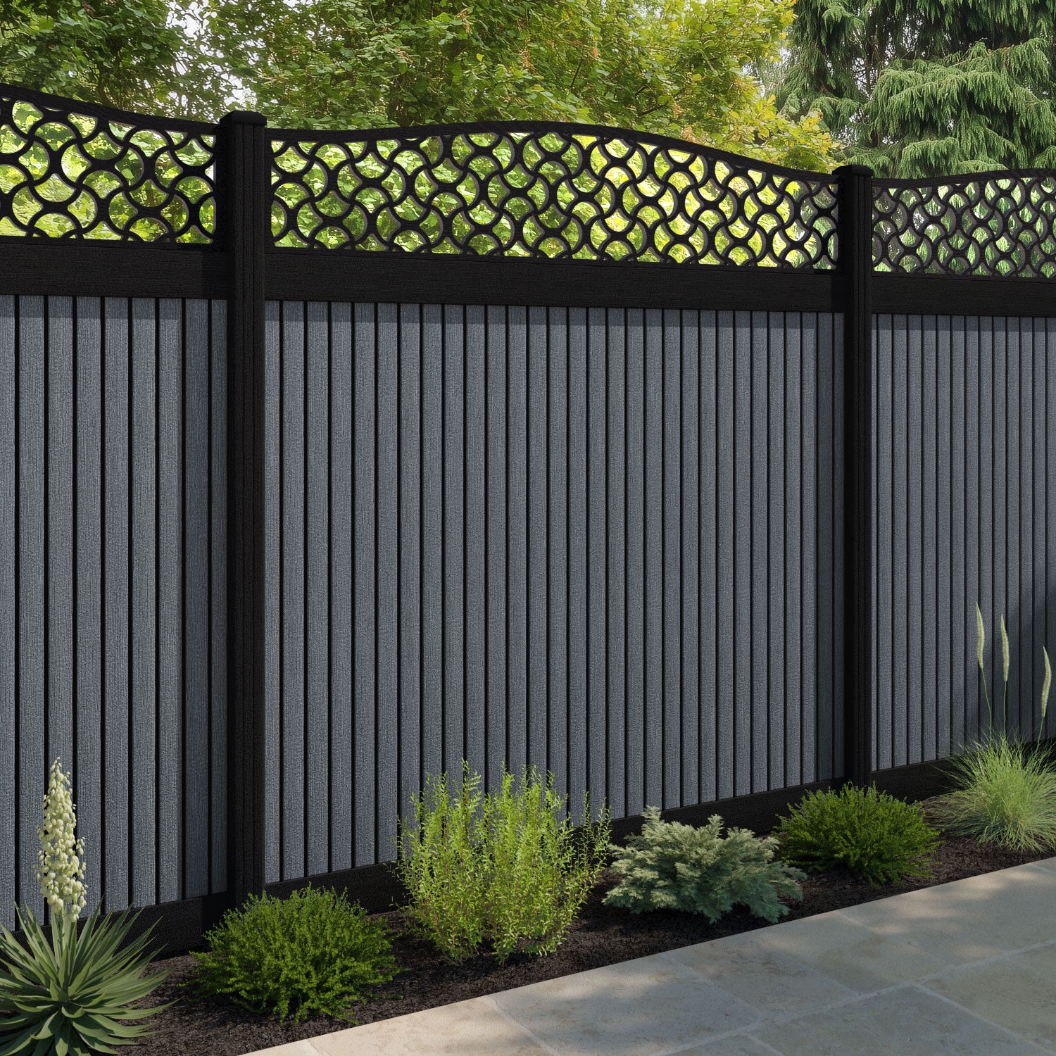 Virtis Vida Curved Top Fence Panel - Anthracite - with our composite posts