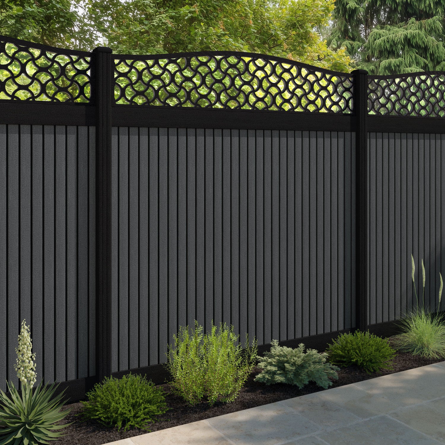 Virtis Vida Curved Top Fence Panel - Dark Grey - with our aluminium posts