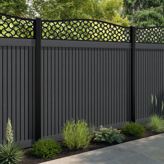 Virtis Vida Curved Top Fence Panel - Dark Grey - with our aluminium posts