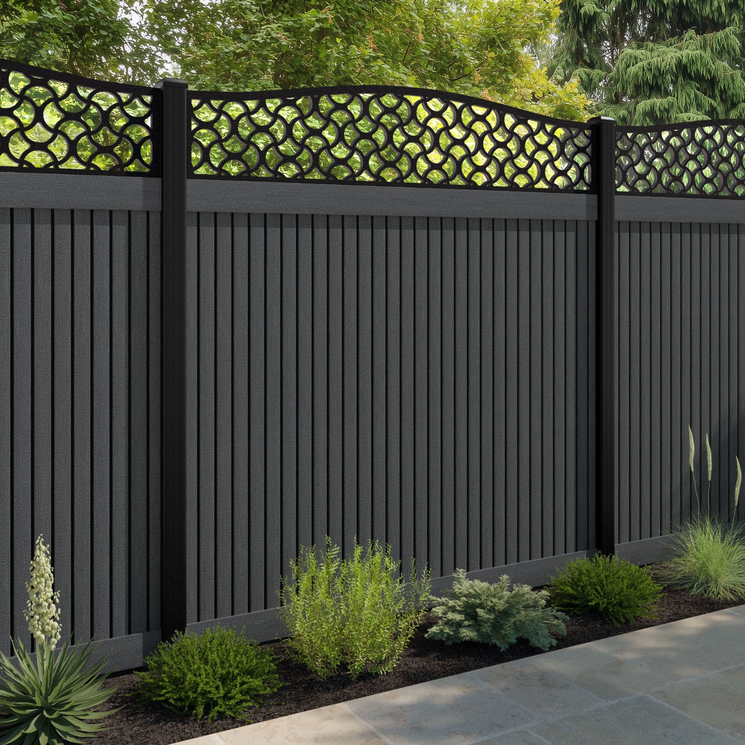 Virtis Vida Curved Top Fence Panel - Dark Grey - with our composite posts