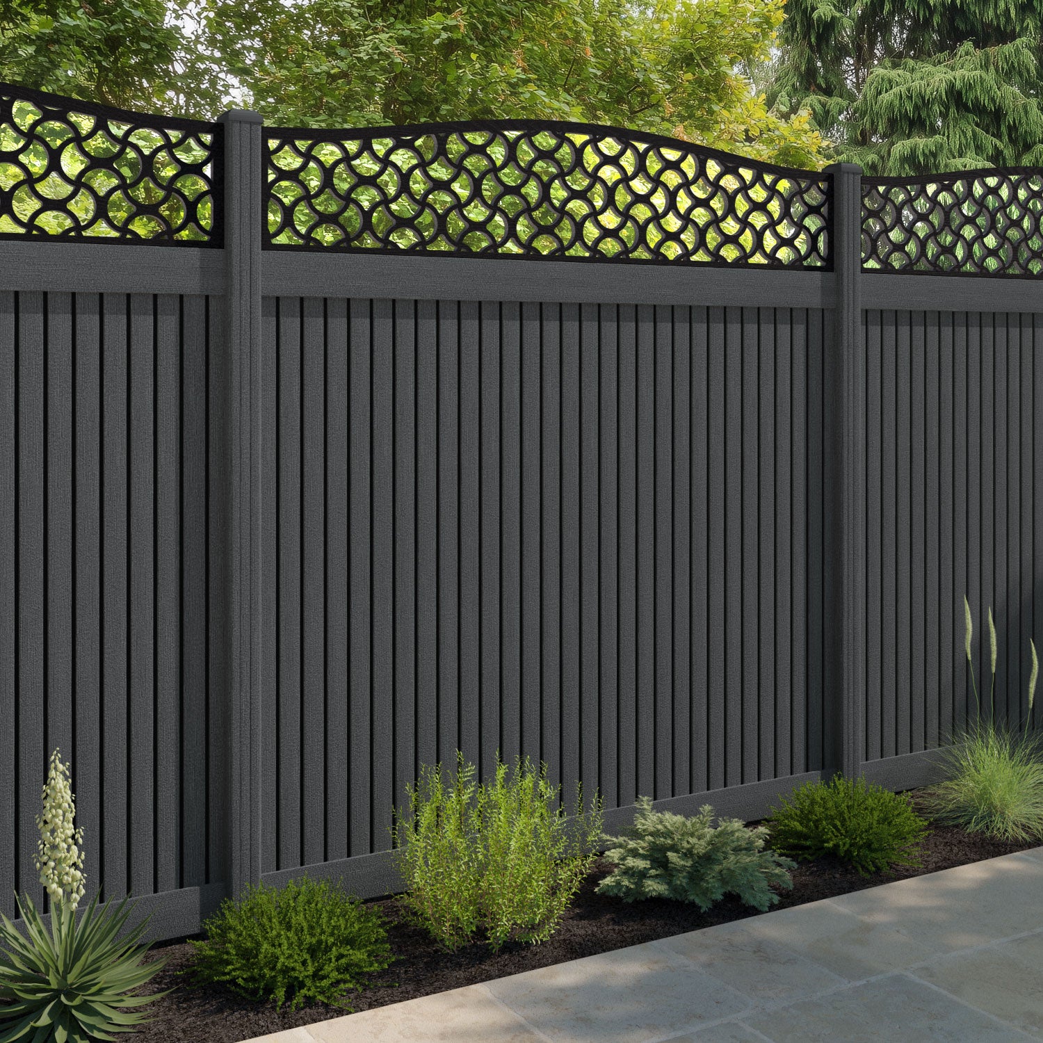 Virtis Vida Curved Top Fence Panel - Dark Grey - with our composite posts