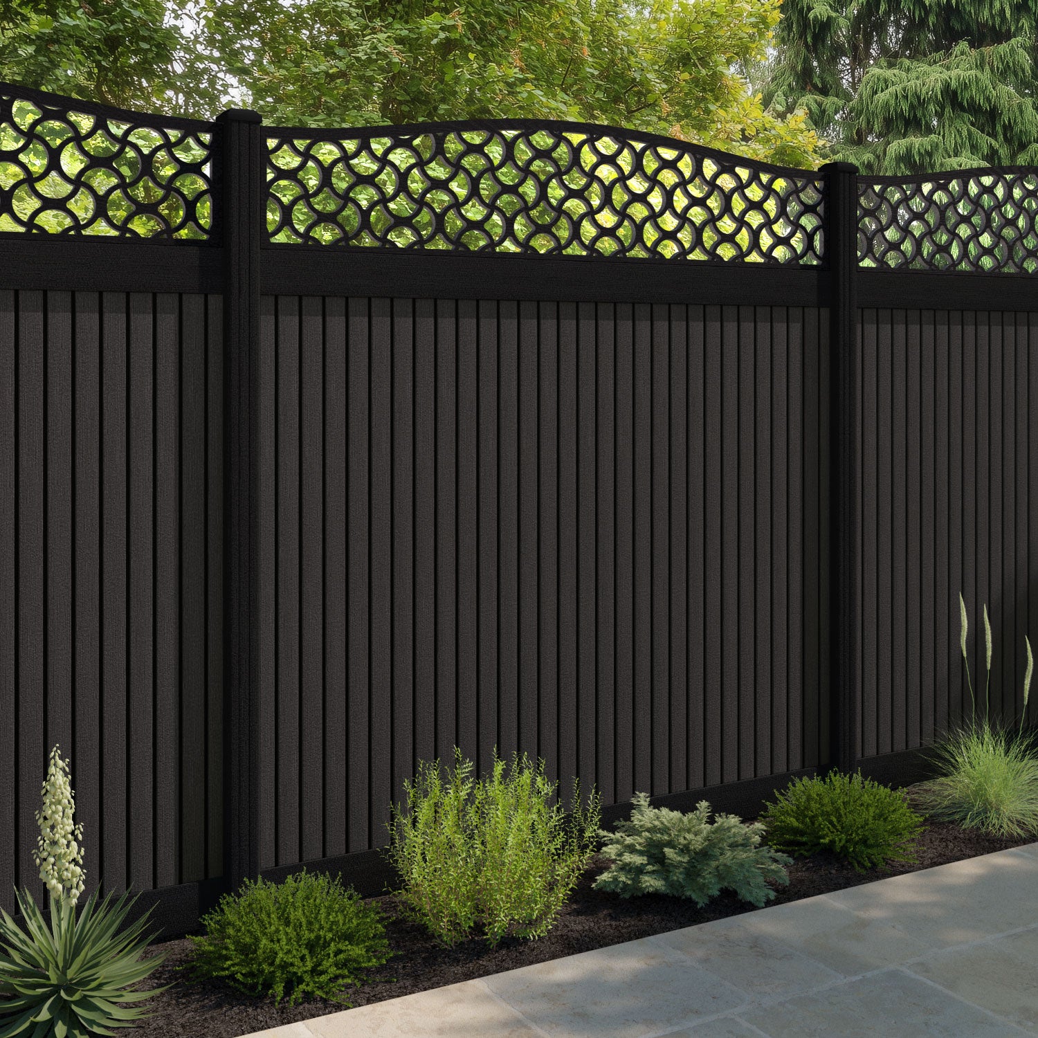 Virtis Vida Curved Top Fence Panel - Dark Oak - with our aluminium posts