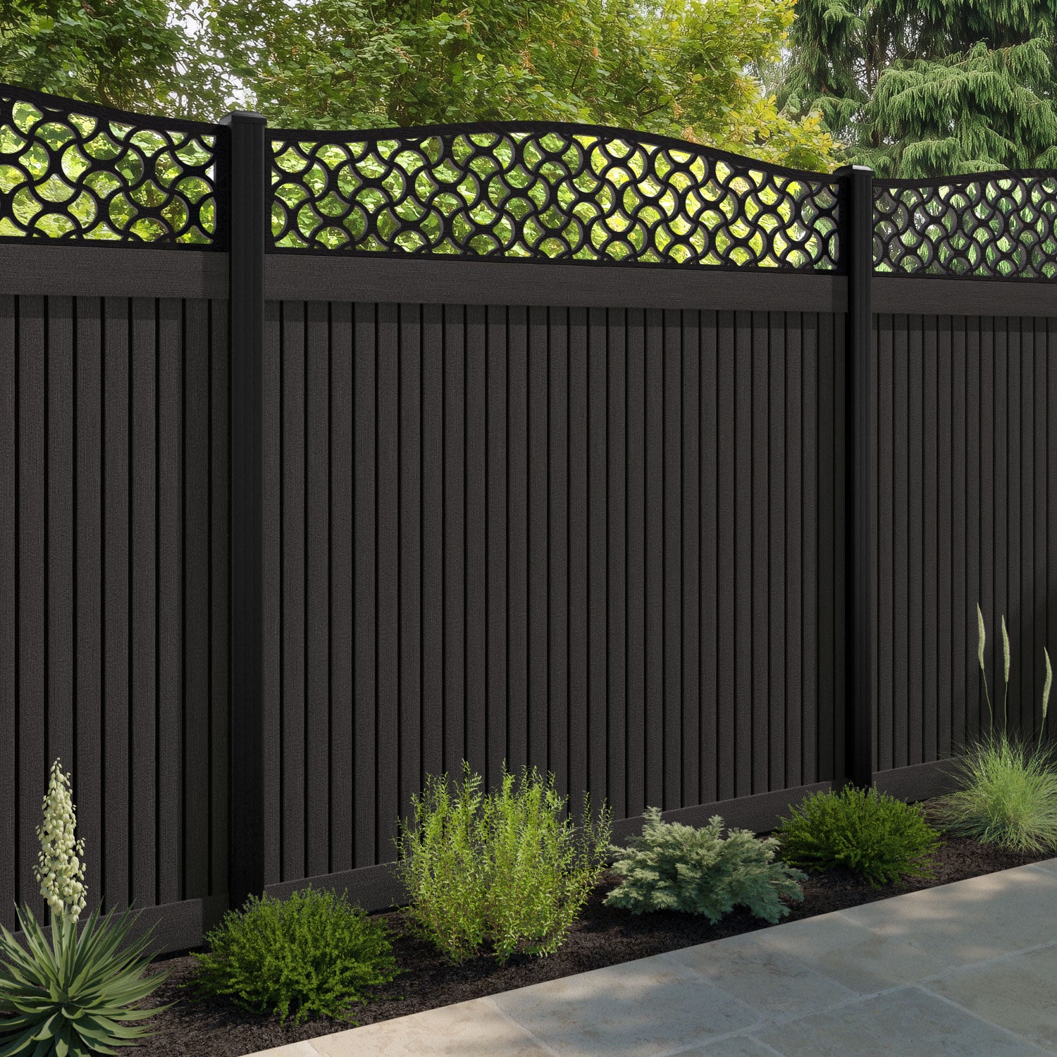 Virtis Vida Curved Top Fence Panel - Dark Oak - with our aluminium posts