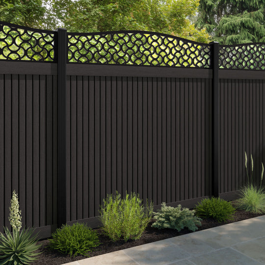Virtis Vida Curved Top Fence Panel - Dark Oak - with our aluminium posts