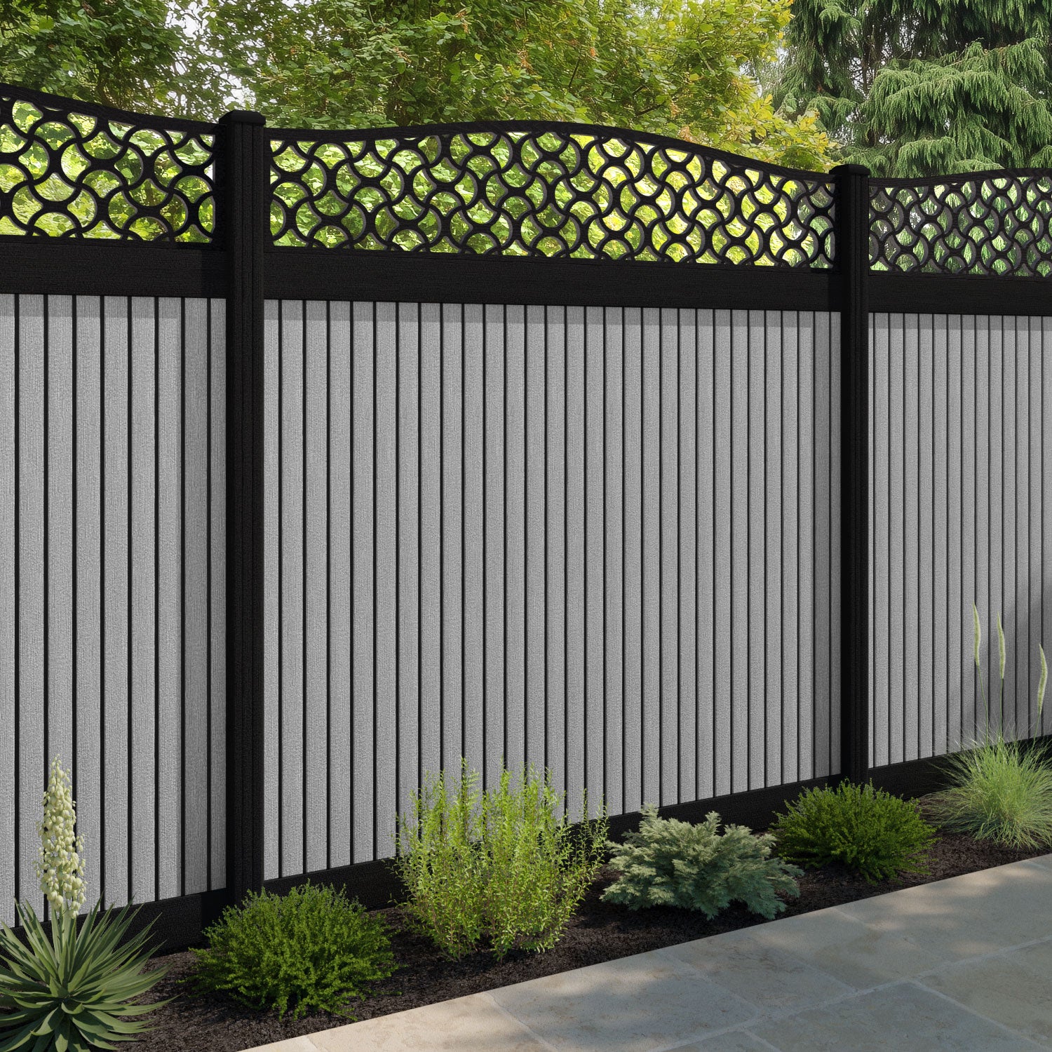 Virtis Vida Curved Top Fence Panel - Light Grey - with our aluminium posts