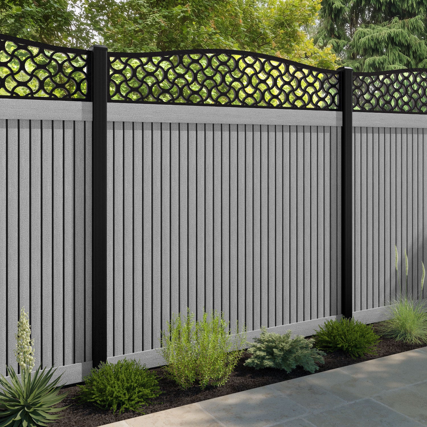 Virtis Vida Curved Top Fence Panel - Light Grey - with our aluminium posts