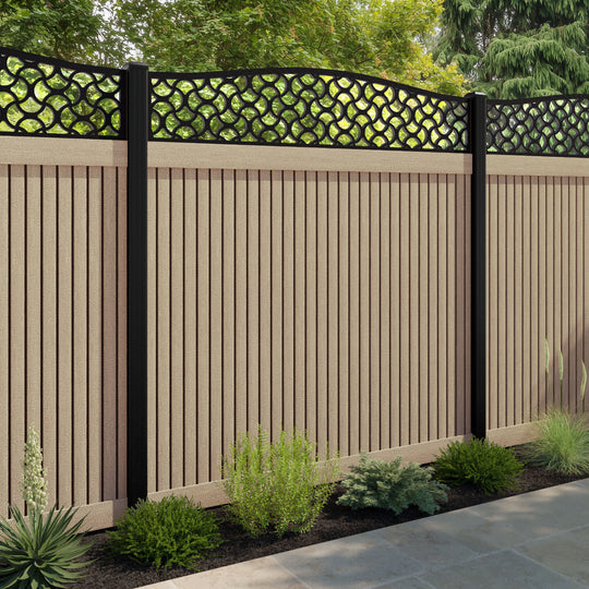 Virtis Vida Curved Top Fence Panel - Light Oak - with our aluminium posts