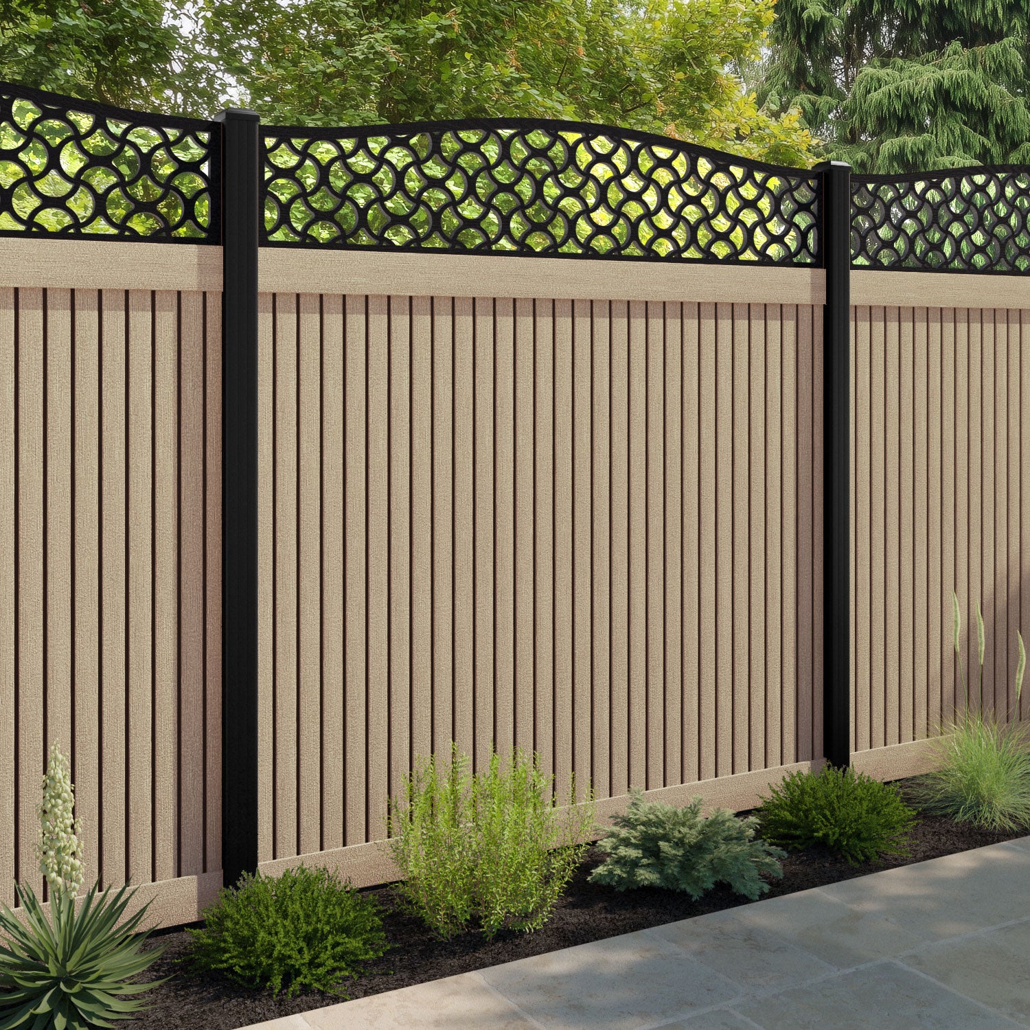 Virtis Vida Curved Top Fence Panel - Light Oak - with our composite posts