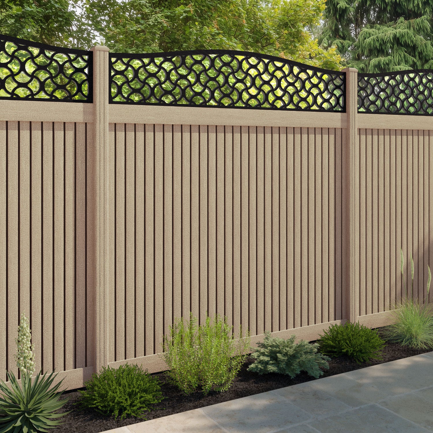 Virtis Vida Curved Top Fence Panel - Light Oak - with our composite posts