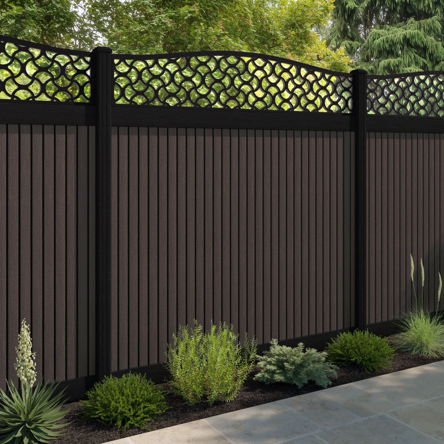 Virtis Vida Curved Top Fence Panel - Mid Brown - with our aluminium posts