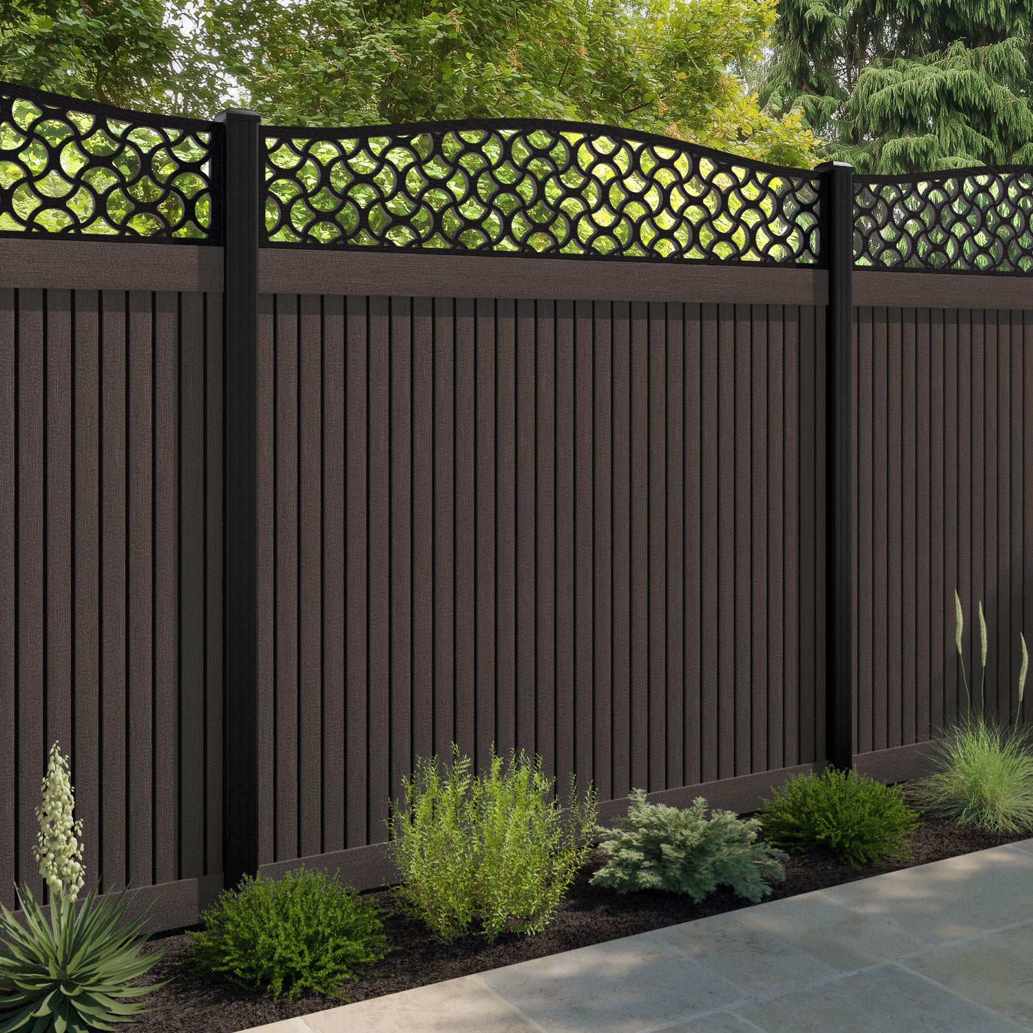 Virtis Vida Curved Top Fence Panel - Mid Brown - with our composite posts