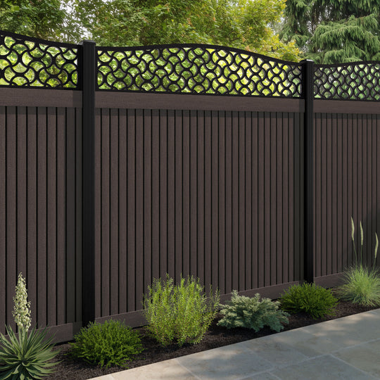 Virtis Vida Curved Top Fence Panel - Mid Brown - with our aluminium posts