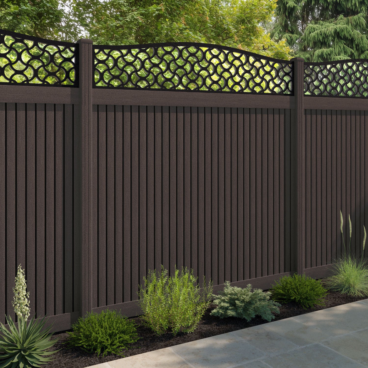 Virtis Vida Curved Top Fence Panel - Mid Brown - with our composite posts