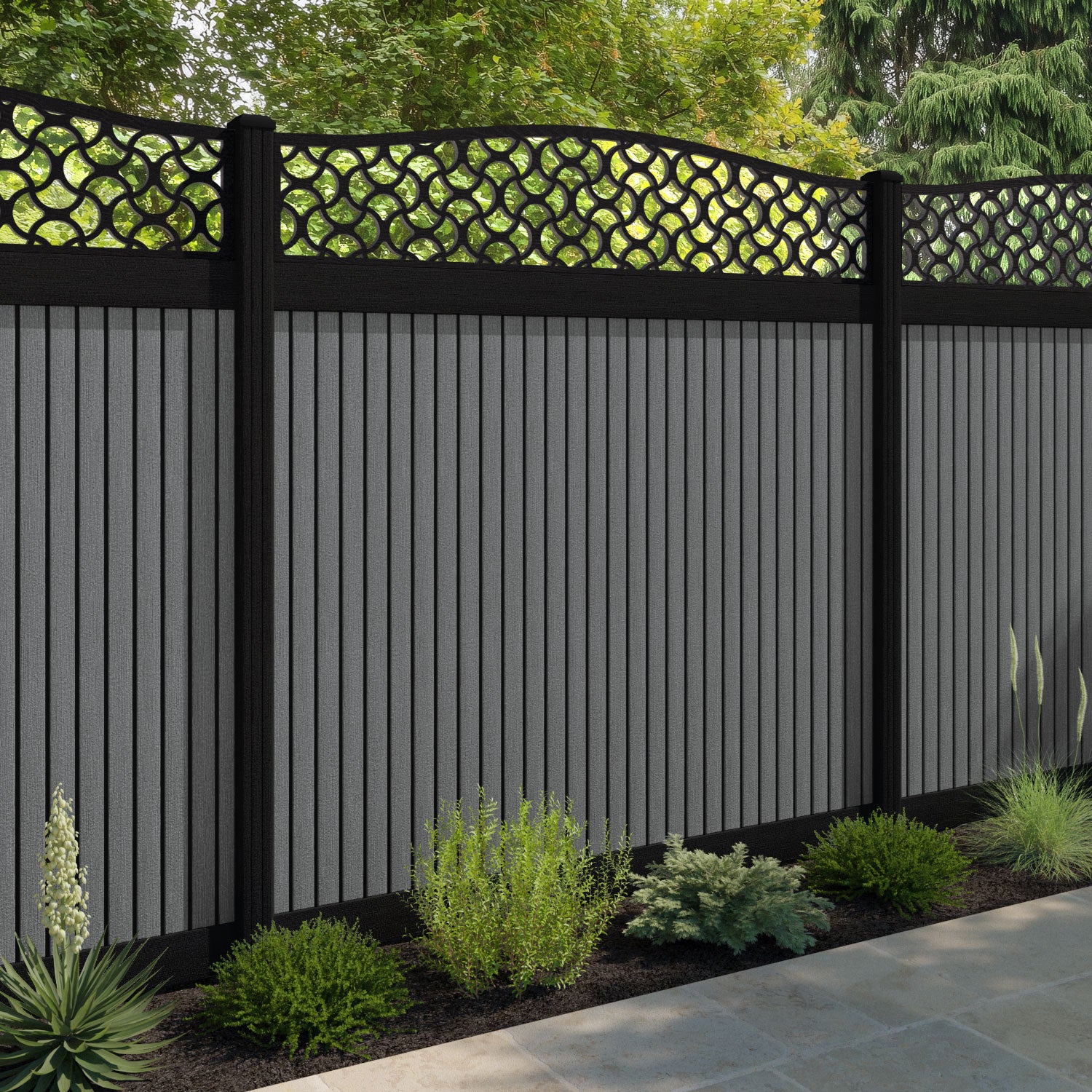 Virtis Vida Curved Top Fence Panel - Mid Grey - with our composite posts