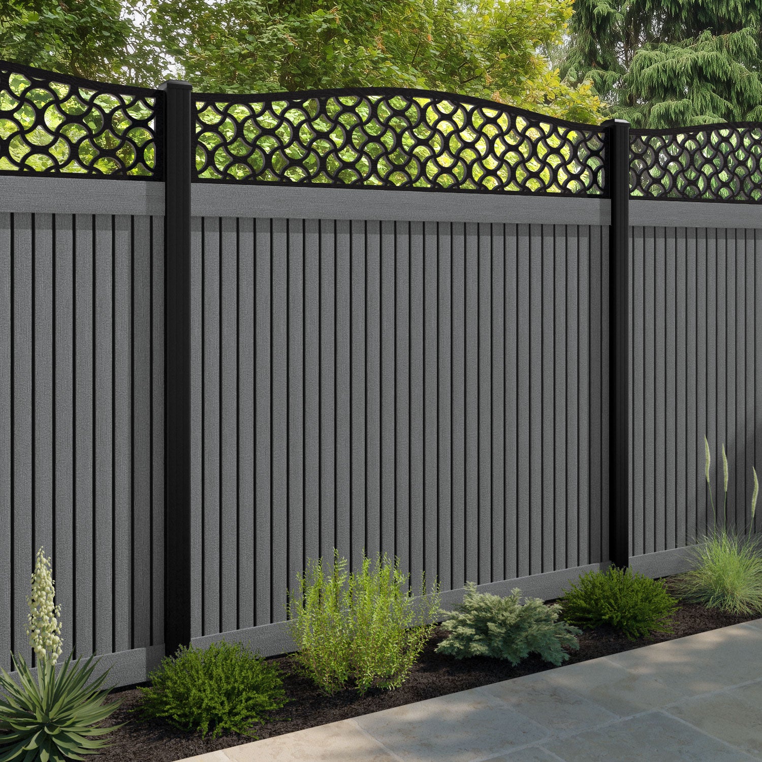 Virtis Vida Curved Top Fence Panel - Mid Grey - with our composite posts