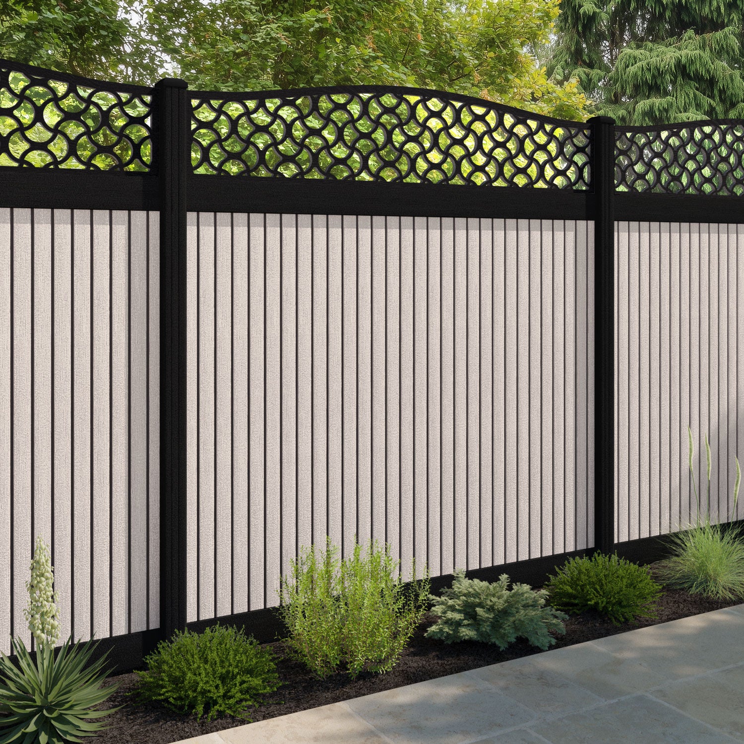 Virtis Vida Curved Top Fence Panel - Mid Stone - with our aluminium posts