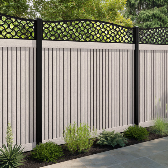 Virtis Vida Curved Top Fence Panel - Mid Stone - with our aluminium posts
