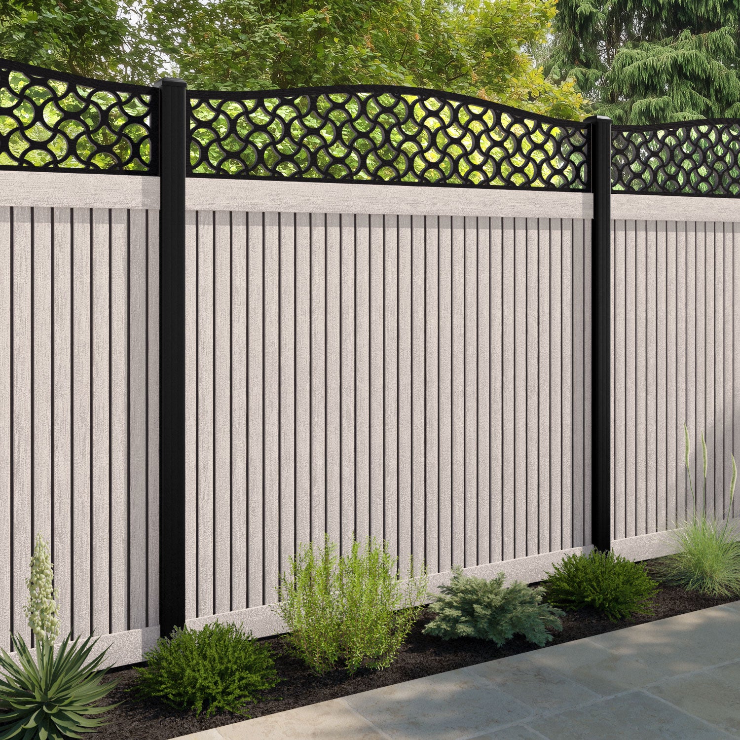 Virtis Vida Curved Top Fence Panel - Mid Stone - with our composite posts