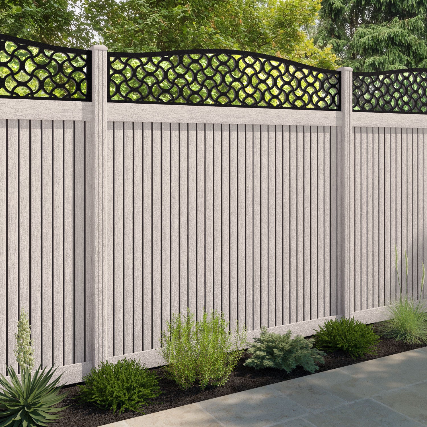 Virtis Vida Curved Top Fence Panel - Mid Stone - with our composite posts
