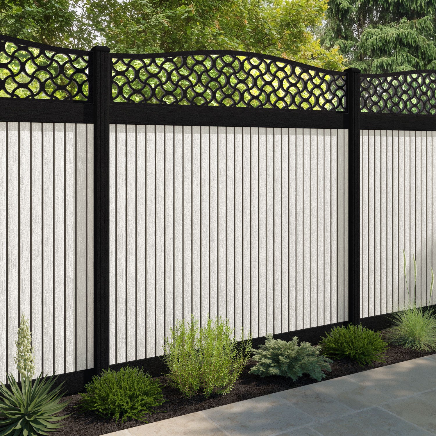 Virtis Vida Curved Top Fence Panel - Light Stone - with our aluminium posts